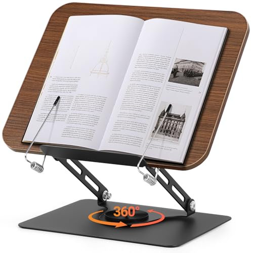 360° Suporte de Livro para Leitura com Base GiratóRia, Suporte para Livros Leitura, Apoio de Leitura, Apoio de Leitura Livro, Designs Dobráveis e Clipes Elásticos, Estante de Leitura