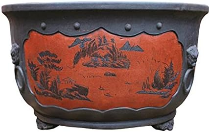 Carving-painting Red-brown Purple Clay Round-basin-flange Type Floor Flowerpot