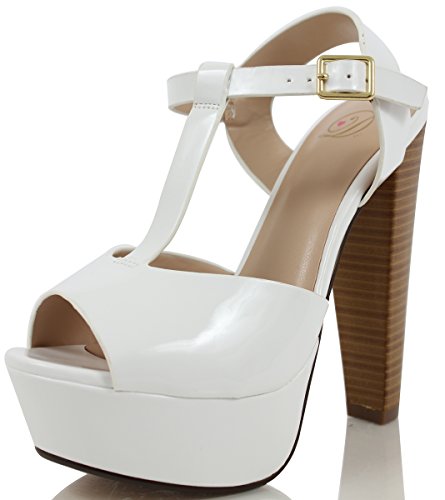 Delicious Women's Audit Faux Patent Leather T Strap Ankle Strap Chunky High Heels, White, 75 M US