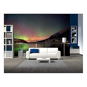 Arctic Night Aurora Borealis Reflected on The Fjord - Removable Wall Mural | Self-Adhesive Large Wallpaper - 66x96 inches