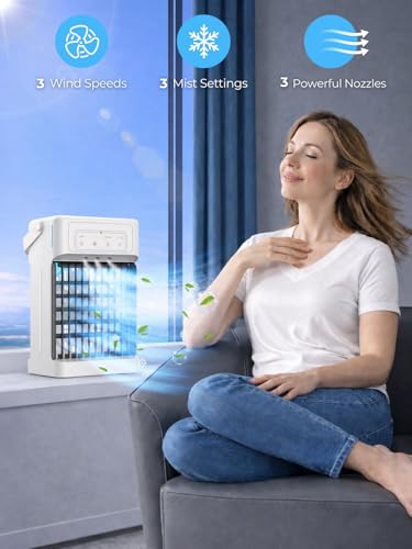 Portable Air Conditioner, 3 Speeds, 3 Mist Settings, 1100ml XL Water Tank, 2~8h Timer, Air Conditioner Portable, Climatiseur Portatif, Personal Small Mini Air Conditioner Cooling Fan for Room Bedroom