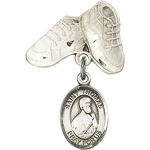 Sterling Silver Baby Badge with St. Thomas the Apostle Charm and Baby Boots Pin 1 X 5/8 inches