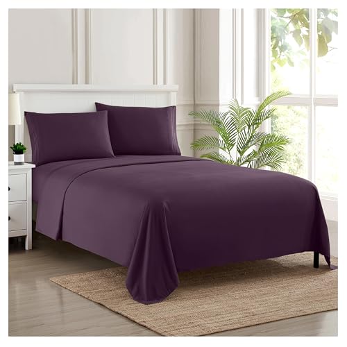 Sweet Home Collection Luxury Bedding Set with Flat, Fitted Sheet, 2 Pillow Cases, Microfiber, Purple, King