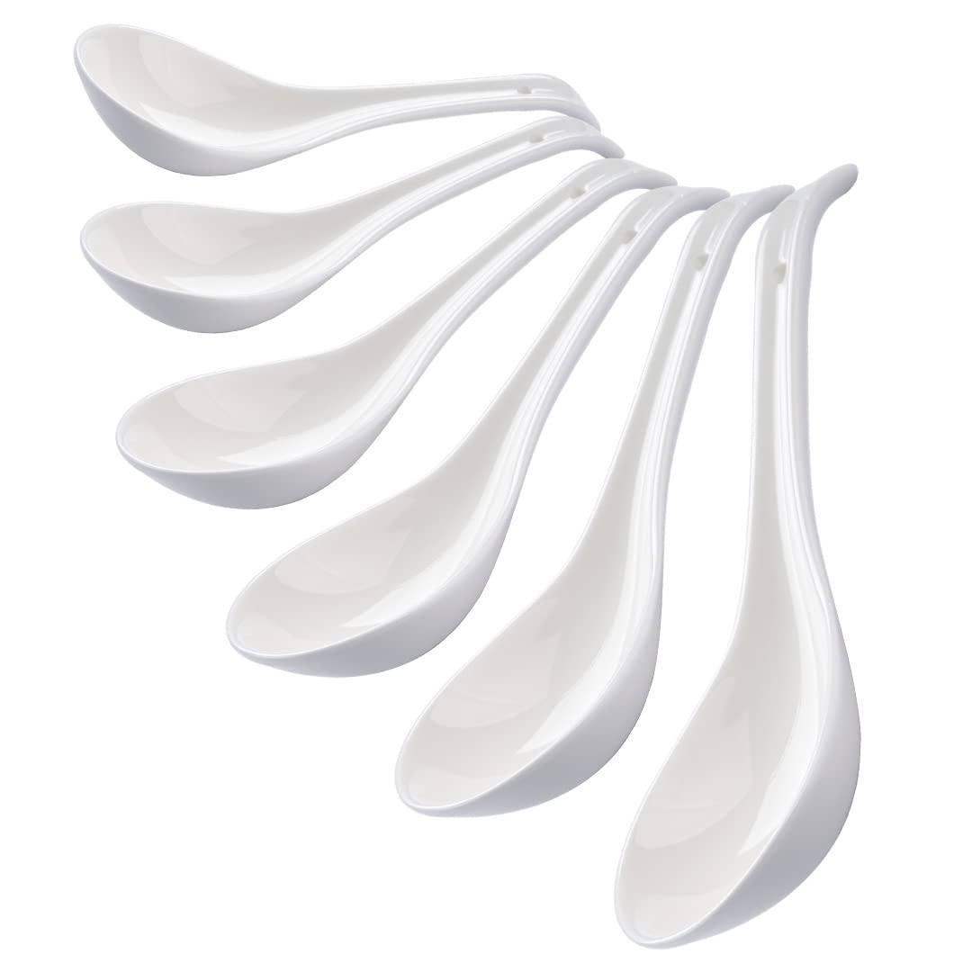 CHILDIKE Porcelain Soup Spoons Set of 6, 6.6 Inch Ceramic Chinese Spoons, White