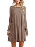 Tinyhi Women's Casual Plain Long Sleeve Loose Swing Cotton Dress, Coffee, Small