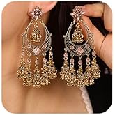 Missgrace Boho Indian Rhinestone Dangle Teardrop Long Earrings for Women Vintage Retro Chandelier Earrings Beaded Crystal Jhumka Jhumki Tassel Studs Traditional Green Red Black Earrings for Women