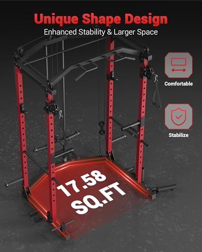 GarveeLife Power Cage, Multi-Functional Power Racks for Home Gym with Cable Crossover System, 1600 LBS Weight Capacity Fitness Squat Rack for Strength Workout with More Training Attachment, Red