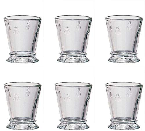 Napoleon Bee Shot Clear Glasses Set of 6 – 2 Ounce Abeille tumbler - Ideal for Whiskey, Liquor, Scotch, Vodka - Durable Entertainment Glassware – Home bar Bachelors Party gift – Bonus: 6" Ice Tongs