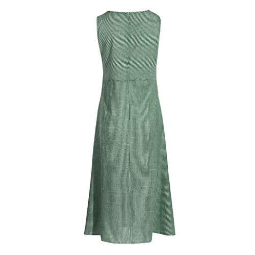 Women Cotton Linen Maxi Dress, Lady Stripe Loose Sleeveless Scoop Neck Flowy Casual Long Beach Dresses with Pockets (XX-Large, Green)