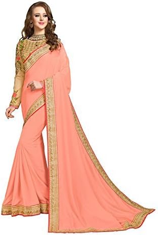 Magneitta Women's Crepe Chiffon Saree With Blouse Piece Free Size Pink