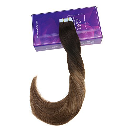 LaaVoo 14" Tape in Balayage Ombre Extensions Color #2 Fading to #5 With Color #18 Highlight Ombre Human Hair Tape Balayage Real Remy Hair Tape Extensions 50gram Per Package - Thumbnail 2