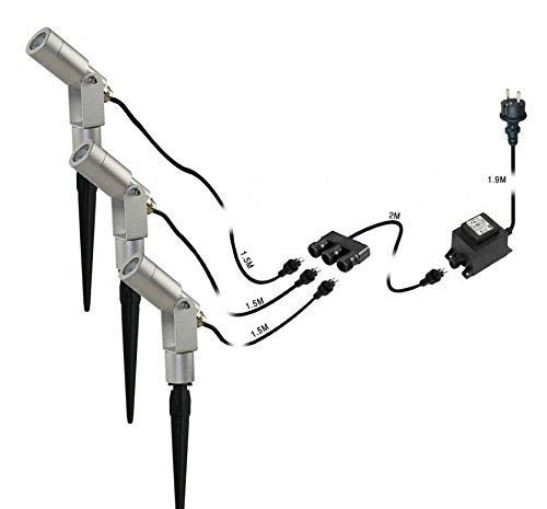 GARTUS® 3er Komplettset 3X 3W LED Strahler Aluminium "Flavius" Silber 3000K 12V AC/DC mit Erdspieß | Außenlampe zur Beleuchtung von Garten, Terrasse, Pflanzen, Wegen, Teich – Bild 3