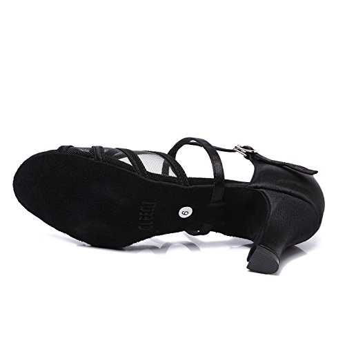 CLEECLI Women's Ballroom Dance Shoes Latin Salsa Dancing Shoes+Shoes Bag ZB04(7,Black-2.5 Inch Heel)