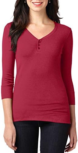 Amy Alder Womens Henley V Neck 3 4 Sleeve Shirt Stretch Casual, Rich Red, L