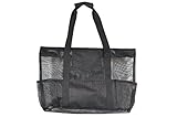 Mesh Beach Bag Large Black 24 x 16 by Victus Outdoors With Zip Top, Long 12in Handles, Inside Zippered Pocket, Spring Clip, 8 Big Outside Pockets, Sand and Water Drains Away, With Bonus Tote Bag