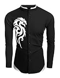 Coofandy Mens Casual Long Sleeve Patchwork Stand Collar Slim Dragon Print Shirt