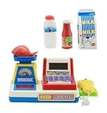 Mini Supermarket Cash Register with Checkout Scanner, Weight Scale, Calculator, Play Money and Food Shopping Playset for kids