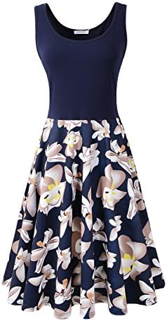 LOUQIS Women Floral Sleeveless Casual Fit Swing Party Dress (L, Blue)