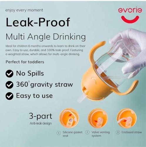 Evorie Tritan Weighted Straw Sippy Cup with Handles for Baby and Toddlers, Spill Proof Baby Water Bottle with Straw for 6 months and up, 7 Oz, Infant Training Water Bottle (Apricot)