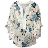 Women's V Neck Batwing Sleeve Chiffon Blouse Loose Fit Half Button Floral Print Top for Casual Work Travel Wear