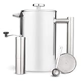 Large capacity modern Stainless steel French Press Coffee Maker with hand held manual coffee grinder ceramic burr 40g capacity - Bonus extra filter and tablespoon
