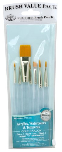 Royal & Langnickel Royal Zip N' Close Gold Taklon Clear Acrylic Handle Variety 7-Piece Brush Set