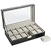 Zeeshy 12- slot Watch Box Black Pu Leather Diaplay Case Organizer Glass Top with Key Lock