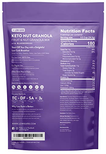 Low Karb - Keto Vanilla Blueberry Nut Granola Healthy Breakfast Cereal - Low Carb Snacks & Food - 3g Net Carbs - Gluten Free, Grain Free - Almonds, Pecans, Coconut, hazelnuts and more (11 oz)