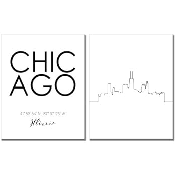 N&T Chicago Skyline Wall Décor Prints - Set of 2 (8x10) Art Photos - Typography Minimalist Poster