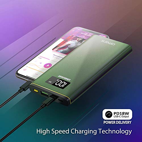 USB C Power Bank Omars 10000mAh USB-C Portable Charger with 18W Power Delivery Battery Pack Portable Phone Charger Compatible with iPhone Xs/XR/XS Max/X / 8, iPad Pro, Galaxy S9, Switch - Green