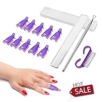 FITDON 10PCS Nail Polish Remover Clips Soak Off Caps & Stainless Steel Triangle Cuticle Pusher Peeler Scraper & Nano Crystal Glass Nail Files Buffer & Mini Nail Brush (Purple)