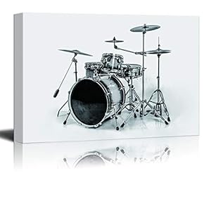 Musical Instruments Theme Canvas Wall Art - Drum Set in Black and White - Giclee Print Gallery Wrap Modern Home Art Ready to Hang - 12x18 inches