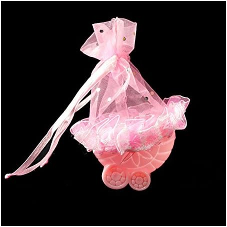 PINK/LACE 12pc Mini Plastic Baby Carriage Baby Shower Drawstring Favor Bag Box