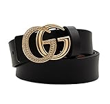 Women's Cowhide Leather Belt Gold Zircon Buckle for Pants Jeans Shorts Ladies Design Genuine Belts for GAGOTE (110cm/43.3'', pants size 29''-34'', Black)