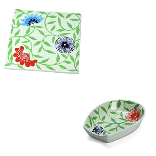 Ceramic Exotic Flower Design Hand Painted Kitchen and Dining Serveware Accessories The Crabby Nook (Trivet & Spoon Holder)