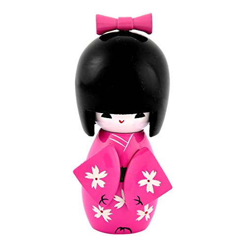 uxcellÂ® Wooden Flower Engraved Kimono Decorative Doll Japanese Kokeshi Pink
