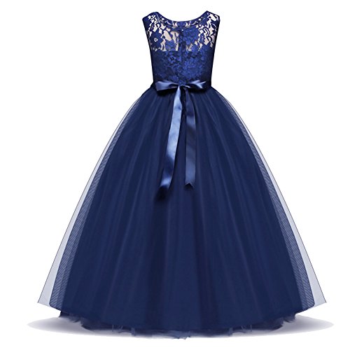 Acecharming Girls Lace Bridesmaid Wedding Dress with Bowknot Princess Prom Party Tulle Gown for 9-10 Year (Navy Blue)