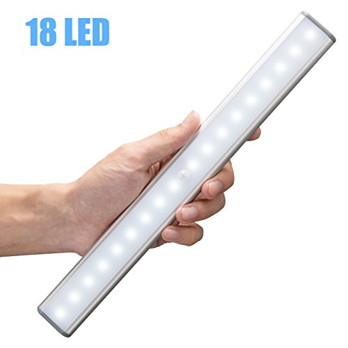 Moston Bright 18 LED USB Rechargeable Battery Magnetic Motion Sensing Night Light,Dusk to Dawn Photocell,Auto On/Off.Cordless,Portable Stick-on Anywhere for Closet,Cabinet(Silver)