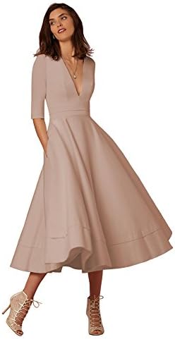 Lielisks Women's Party Dress Vintage Deep V Neck Half Sleeve Zip Back Swing Dress Apricot S