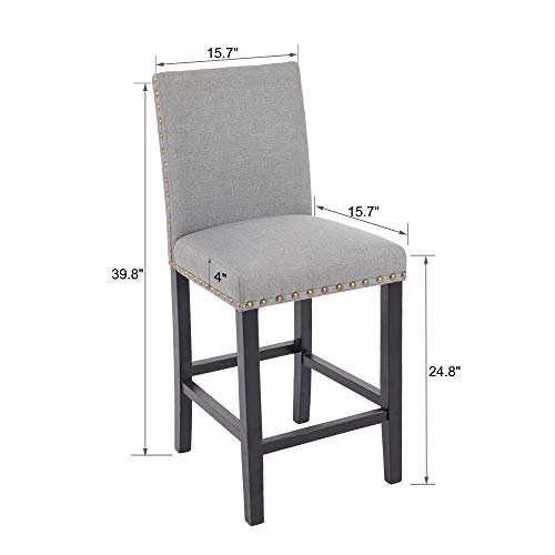 GOTMINSI Bar Stools with Nailheads, 24" Upholstered Bar Stools,Counter Height Bar Chairs with Solid Wood Legs, Set of 2 (Grey)