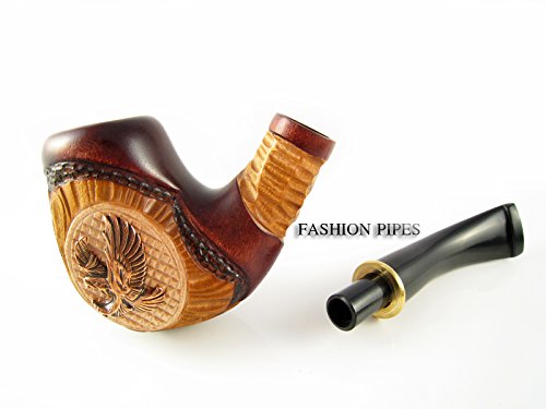 New Tobacco Smoking Pipe Metal "American Eagle" Carved Pear Root Wood + Pouch Gift! (4)