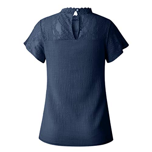 Women's Sexy Cutout Lace Paneling Flare Ruffle Short Sleeve T-Shirt Cute Floral Shirt Top Navy