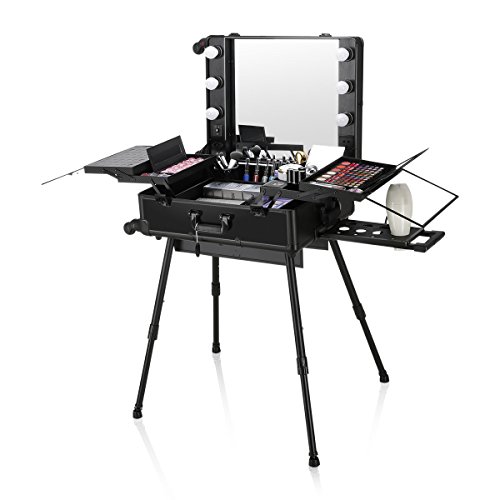 Ovonni LED Makeup Train Case, Lighted Rolling Travel Portable Cosmetic Organizer Box with Mirror & 4 Detachable Wheels, Professional Artist Trolley Studio Free Standing Workstation, Black - Thumbnail 5