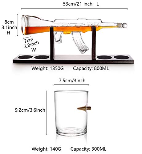Whiskey Decanter Set, 800ML Elegant Rifle Whiskey Decanter with 4 Bullet Glasses And Pine Base, Lead Free High White Glass, for All Spirits Liquor - Perfect Gift - Thumbnail 5