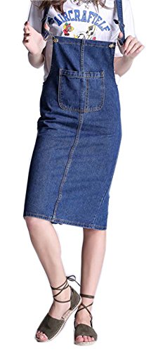 QZUnique Women's Raw Hem Denim Bib Dungaree Overall Dress Blue US M