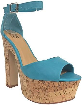 Speed Limit 98 Women's Okaley Peep Toe Chunky Heel Ankle Strap Cork Platform Sandal, turquoise leatherette, 10 M US