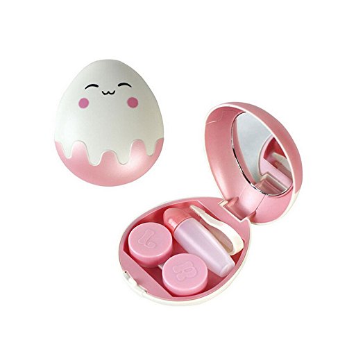 Travel Contact Lens Cases, Contact Lenses Solution Travel Size Holder with Mirror, Cute Egg Contacts Lens Tweezers Container Kit Mini Box for Contact Lens Care