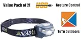 2 Packs 2017 Newest TuTu Outdoors Bright Flash Cree LED Headlamp Gesture Control Switch 500 lumens 300 Yards Rechargeable Lightweight 2.4 oz Waterproof 30 Hours Running Camping Hiking Everyday