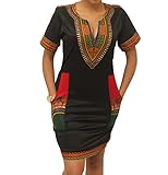 SheKiss Women's Dashiki African Bodycon Dresses Bohemian Vintage Print Club Midi V-Neck Pockets