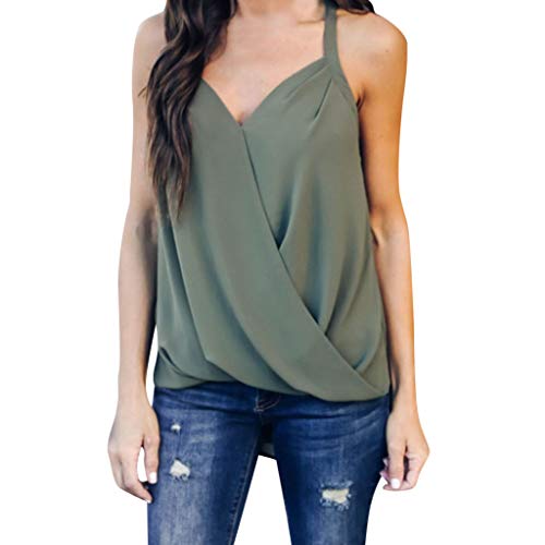 Lelili Women's Chiffon Sleeveless Vest Tops V-Neck Curved Hem Summer Comfy T-Shirt Casual Loose Blouse Green